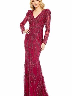 Elegant Long Sleeve Beaded V-Neck Evening Gown - Wine